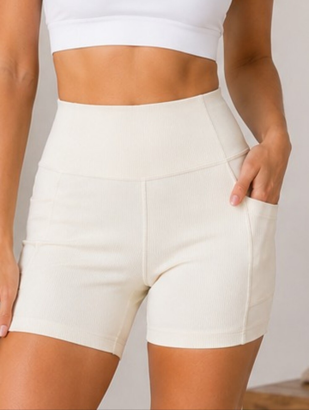 RBX Ribbed High-Waisted Pocket Bike Shorts | Cream | Women's XS